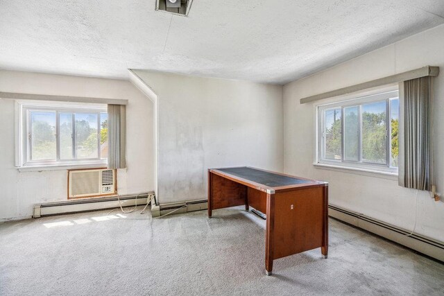 315 Fern Pl, Bethpage, NY 11714 - home office with baseboard heating, healthy amount of natural light, a textured ceiling, a wall mounted air conditioner, and carpet