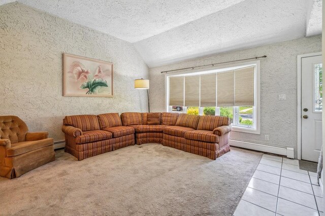 315 Fern Pl, Bethpage, NY 11714 - carpeted living area featuring a baseboard radiator, plenty of natural light, a textured ceiling, vaulted ceiling, and a textured wall