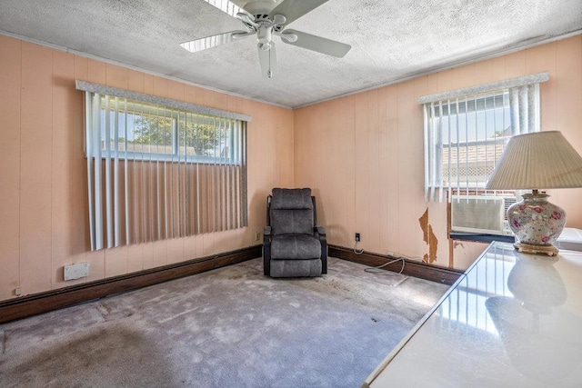 315 Fern Pl, Bethpage, NY 11714 - living area with healthy amount of natural light, carpet, a ceiling fan, a textured ceiling, and crown molding
