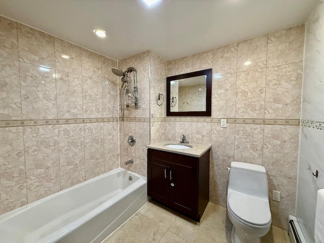 41-42 College Point Blvd Unit 3E, Flushing, NY 11355 - bathroom with a baseboard heating unit, tile walls, vanity, bathing tub / shower combination, and toilet