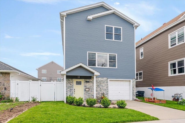 360 E Hudson St, Long Beach, NY 11561 - view of front facade with a garage, driveway, stone siding, and a gate