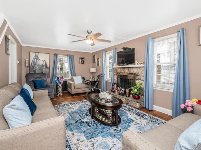 40 Mount Pleasant Rd, Yonkers, NY 10703 - living room with a ceiling fan, wood finished floors, a fireplace, baseboards, and ornamental molding