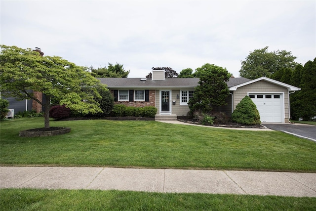 51 Regina Dr, Sayville, NY 11782 - ranch-style house featuring driveway, a garage, a front yard, entry steps, and a chimney