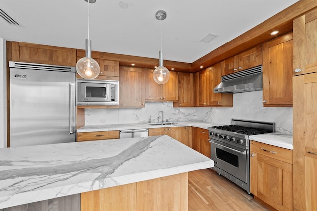 5 Renaissance Sq Unit 10G, White Plains, NY 10601 - kitchen with premium appliances, range hood, a sink, light wood-type flooring, and light stone counters