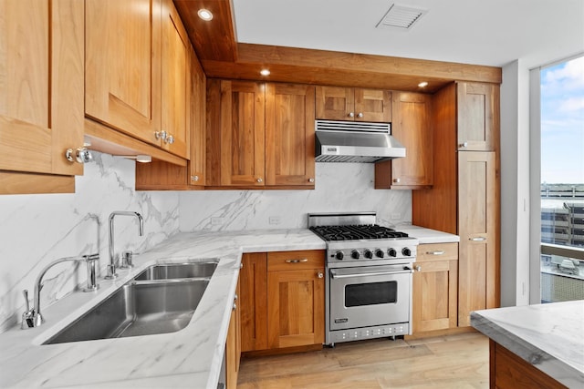 5 Renaissance Sq Unit 10G, White Plains, NY 10601 - kitchen featuring premium range, under cabinet range hood, a sink, tasteful backsplash, and light stone countertops