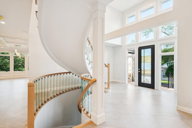 21 Arista Dr, Dix Hills, NY 11746 - tiled foyer entrance with stairs, a towering ceiling, and recessed lighting