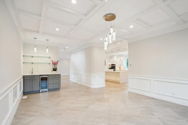 21 Arista Dr, Dix Hills, NY 11746 - indoor bar with beverage cooler, a decorative wall, coffered ceiling, decorative light fixtures, and wainscoting