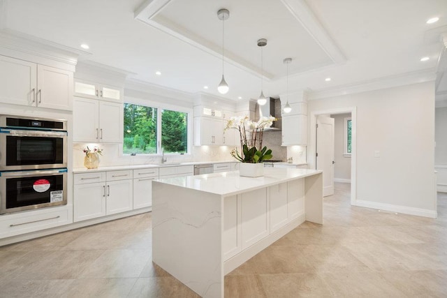 21 Arista Dr, Dix Hills, NY 11746 - kitchen with appliances with stainless steel finishes, crown molding, tasteful backsplash, wall chimney range hood, and white cabinetry