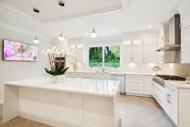 21 Arista Dr, Dix Hills, NY 11746 - kitchen with appliances with stainless steel finishes, wall chimney range hood, backsplash, crown molding, and a kitchen island