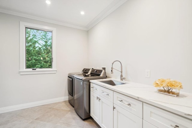 21 Arista Dr, Dix Hills, NY 11746 - laundry room with independent washer and dryer, cabinet space, crown molding, and recessed lighting