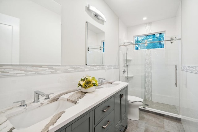 21 Arista Dr, Dix Hills, NY 11746 - bathroom with a shower stall, double vanity, and tasteful backsplash