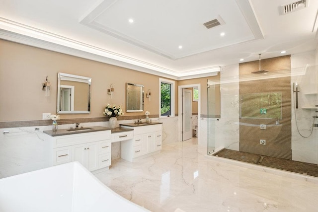 21 Arista Dr, Dix Hills, NY 11746 - bathroom with a marble finish shower, vanity, marble tiled flooring, a tray ceiling, and recessed lighting