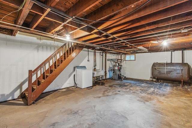 47-03 212th St, Bayside, NY 11361 - basement featuring washer / clothes dryer, heating fuel, stairway, and a heating unit