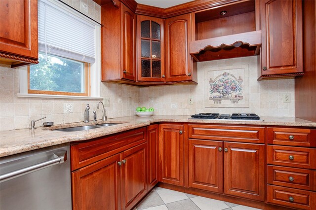 48 Zugibe Ct, West Haverstraw, NY 10993 - kitchen featuring stainless steel appliances, a sink, light stone countertops, glass insert cabinets, and tasteful backsplash