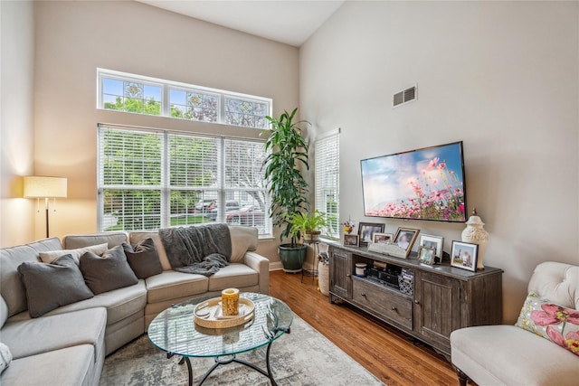 7 Yosemite Cir, Bohemia, NY 11716 - living area with wood finished floors, a towering ceiling, and baseboards