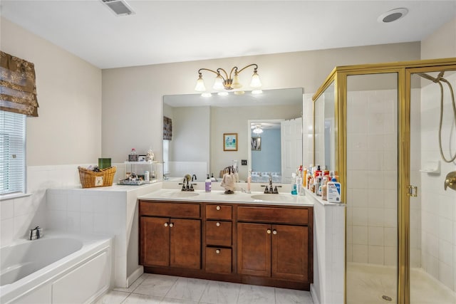 7 Yosemite Cir, Bohemia, NY 11716 - full bathroom featuring a shower stall, double vanity, a garden tub, and marble finish flooring