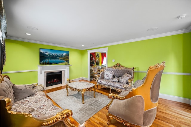 924 Otsego Ct, West Hempstead, NY 11552 - living room featuring baseboards, a fireplace with flush hearth, crown molding, wood finished floors, and recessed lighting