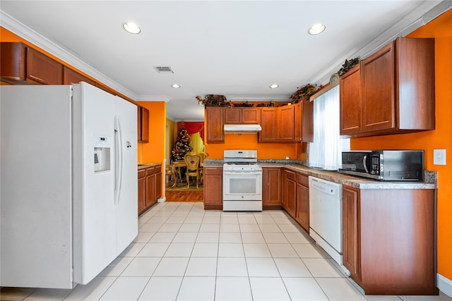 924 Otsego Ct, West Hempstead, NY 11552 - kitchen featuring white appliances, under cabinet range hood, brown cabinetry, recessed lighting, and ornamental molding