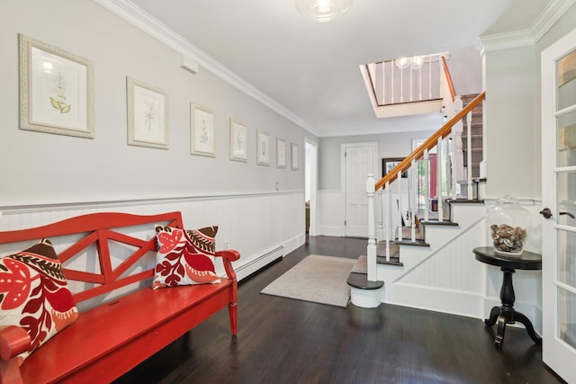 1 Highwoods Rd, Saint James, NY 11780 - entryway with stairway, wood finished floors, crown molding, a wainscoted wall, and a baseboard radiator