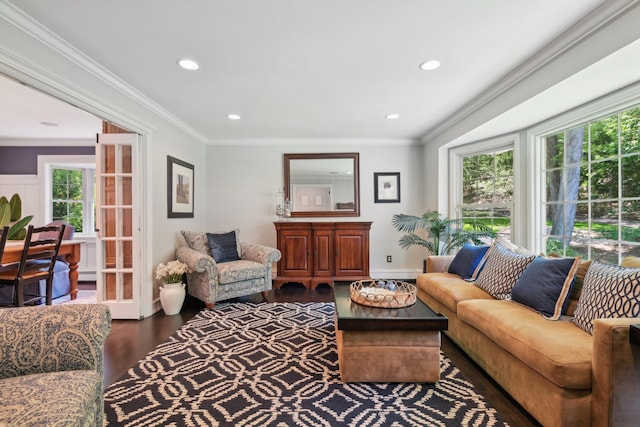 1 Highwoods Rd, Saint James, NY 11780 - living room with dark wood finished floors, recessed lighting, ornamental molding, and baseboards