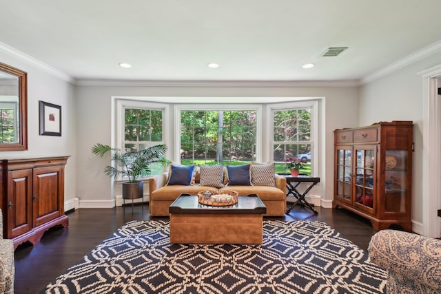 1 Highwoods Rd, Saint James, NY 11780 - living area featuring wood finished floors, a baseboard heating unit, baseboards, crown molding, and recessed lighting