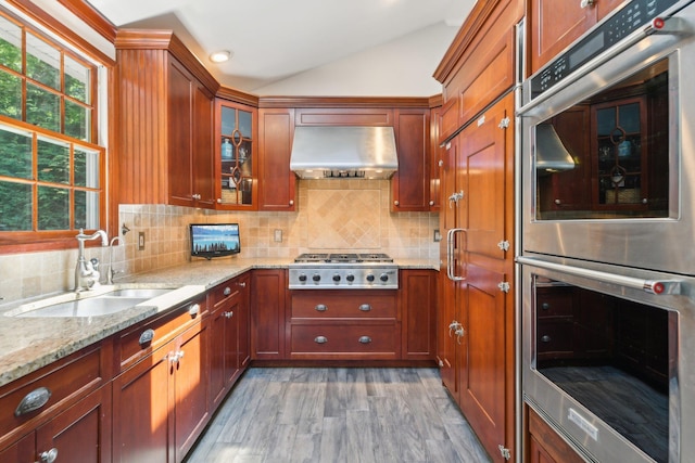1 Highwoods Rd, Saint James, NY 11780 - kitchen with extractor fan, stainless steel appliances, a sink, lofted ceiling, and light stone counters