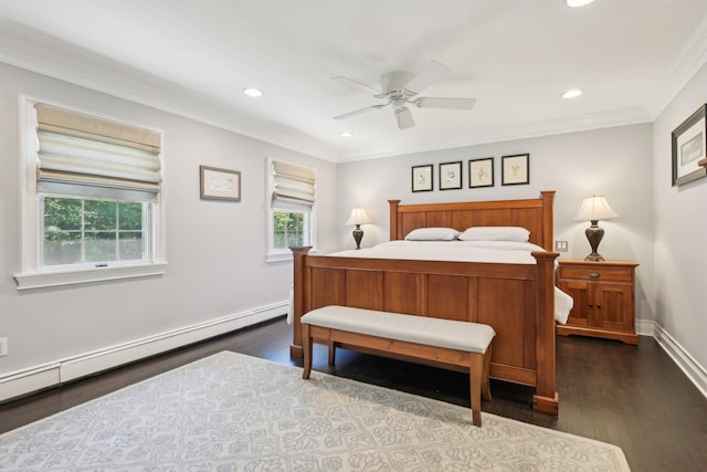 1 Highwoods Rd, Saint James, NY 11780 - bedroom featuring baseboard heating, dark wood finished floors, recessed lighting, ornamental molding, and ceiling fan