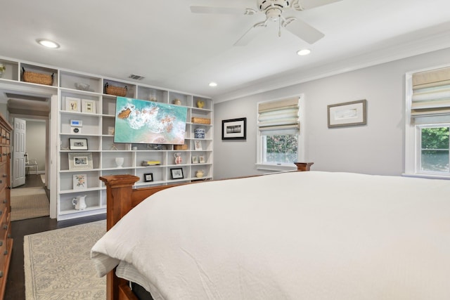 1 Highwoods Rd, Saint James, NY 11780 - bedroom with wood finished floors, recessed lighting, crown molding, and ceiling fan
