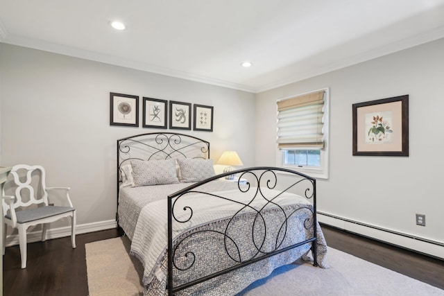 1 Highwoods Rd, Saint James, NY 11780 - bedroom with a baseboard heating unit, wood finished floors, ornamental molding, recessed lighting, and baseboards
