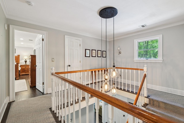 1 Highwoods Rd, Saint James, NY 11780 - hall with an upstairs landing, ornamental molding, baseboards, and wood finished floors