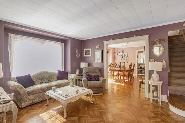 95-01 72nd Ave, Forest Hills, NY 11375 - living room featuring baseboards, a chandelier, and crown molding