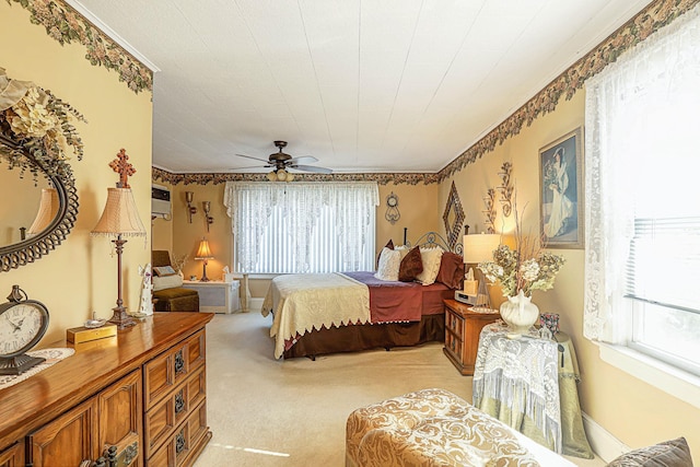 95-01 72nd Ave, Forest Hills, NY 11375 - bedroom with multiple windows, light colored carpet, ceiling fan, and ornamental molding