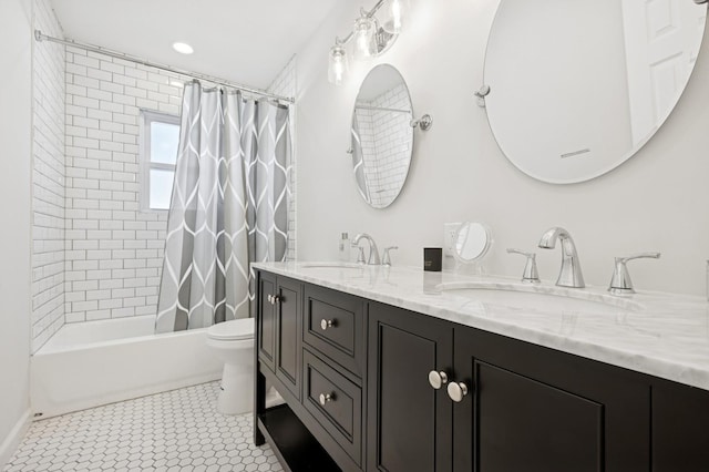 42 Chernucha Ave, Merrick, NY 11566 - full bathroom with double vanity, shower / tub combo with curtain, toilet, and recessed lighting