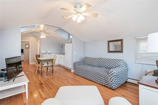 25B Edgewater Park Unit 25B, Bronx, NY 10465 - living room with ceiling fan, a baseboard heating unit, light wood-style floors, and vaulted ceiling