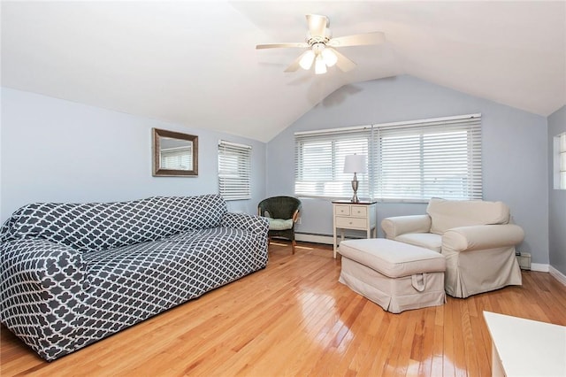 25B Edgewater Park Unit 25B, Bronx, NY 10465 - living area featuring hardwood / wood-style flooring, a ceiling fan, vaulted ceiling, a baseboard radiator, and baseboards