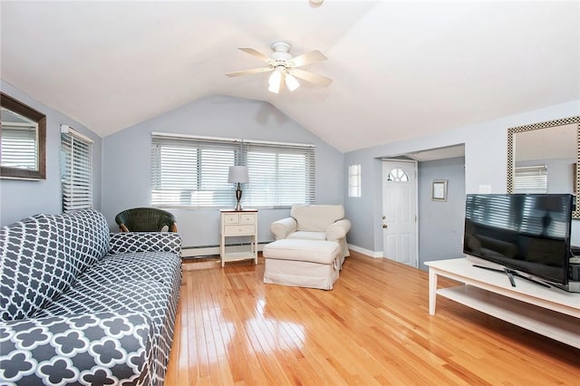 25B Edgewater Park Unit 25B, Bronx, NY 10465 - living area with a baseboard radiator, light wood-style flooring, a ceiling fan, vaulted ceiling, and baseboards
