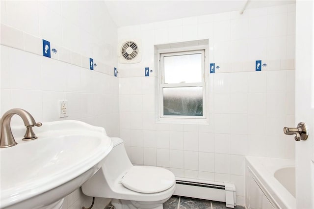 25B Edgewater Park Unit 25B, Bronx, NY 10465 - bathroom with baseboard heating, tile walls, a sink, a bathtub, and toilet