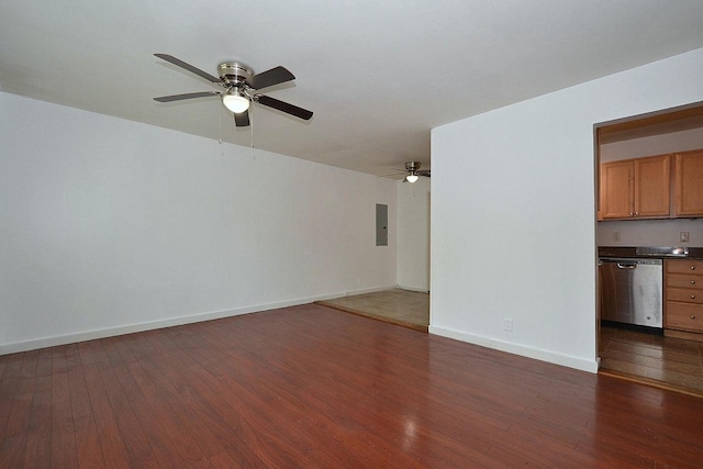 1578 N Thompson Dr, Bay Shore, NY 11706 - unfurnished living room featuring dark wood finished floors, ceiling fan, and electric panel