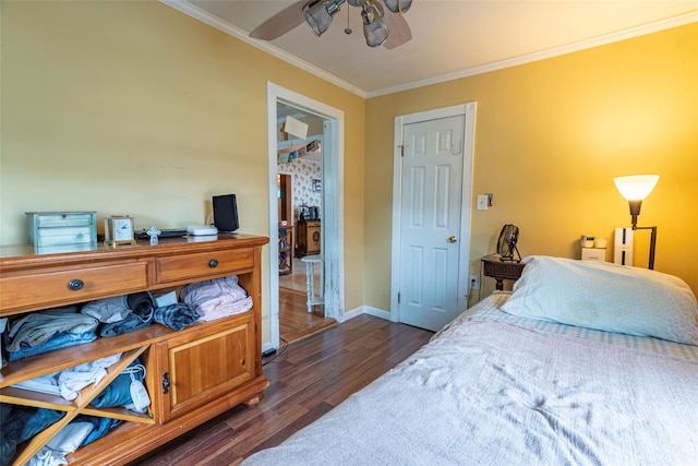 103 Fairfield Ave, Mineola, NY 11501 - bedroom featuring ornamental molding, dark wood-type flooring, baseboards, and a ceiling fan