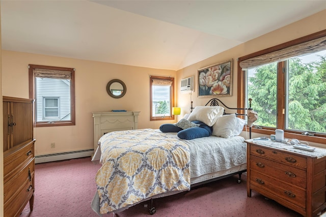 103 Fairfield Ave, Mineola, NY 11501 - carpeted bedroom featuring a baseboard radiator, a wall unit AC, and vaulted ceiling