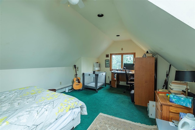 103 Fairfield Ave, Mineola, NY 11501 - bedroom featuring a baseboard heating unit, carpet floors, vaulted ceiling, a desk, and ceiling fan