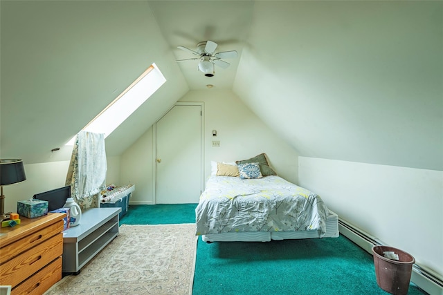 103 Fairfield Ave, Mineola, NY 11501 - bedroom featuring baseboard heating, carpet, vaulted ceiling, ceiling fan, and a skylight