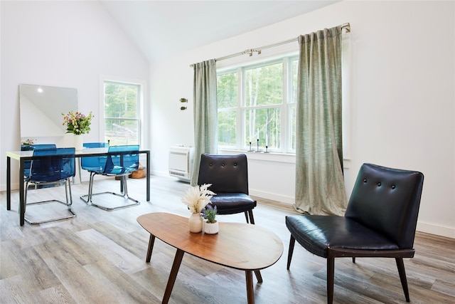 546 Willowemoc Rd, Livingston Manor, NY 12758 - office area featuring light wood finished floors, baseboards, high vaulted ceiling, and heating unit