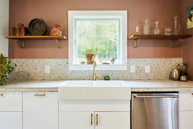 546 Willowemoc Rd, Livingston Manor, NY 12758 - kitchen featuring open shelves, dishwasher, a sink, white cabinetry, and tasteful backsplash