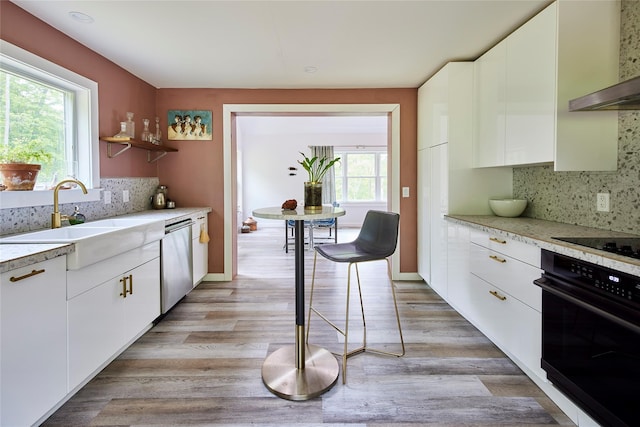 546 Willowemoc Rd, Livingston Manor, NY 12758 - kitchen with black appliances, a sink, range hood, decorative backsplash, and light countertops