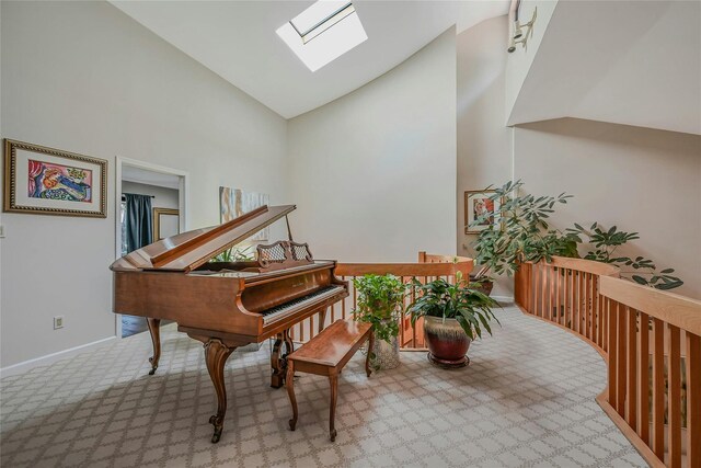 51 Eagle Chase, Woodbury, NY 11797 - living area with a skylight, high vaulted ceiling, carpet flooring, and baseboards