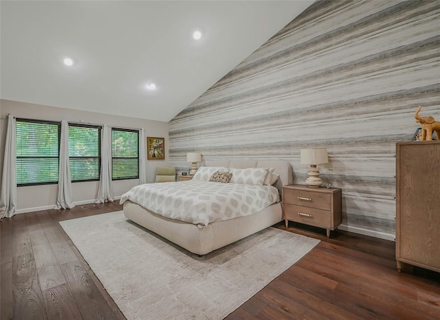 51 Eagle Chase, Woodbury, NY 11797 - bedroom with recessed lighting, an accent wall, dark wood finished floors, baseboards, and high vaulted ceiling