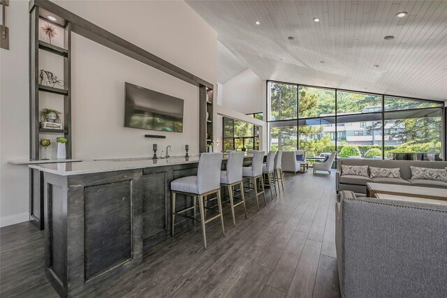 51 Eagle Chase, Woodbury, NY 11797 - indoor wet bar with high vaulted ceiling, dark wood-type flooring, wood ceiling, and recessed lighting