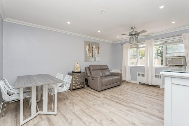 352 N State Rd Unit 2H, Briarcliff Manor, NY 10510 - living room featuring radiator heating unit, light wood-type flooring, ornamental molding, a ceiling fan, and recessed lighting