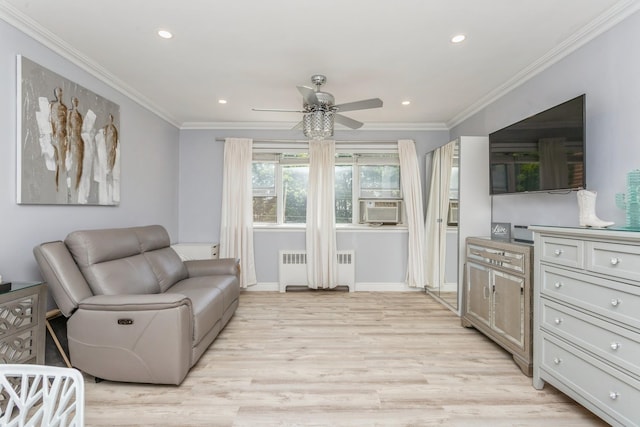 352 N State Rd Unit 2H, Briarcliff Manor, NY 10510 - living area featuring radiator, a ceiling fan, light wood finished floors, recessed lighting, and crown molding